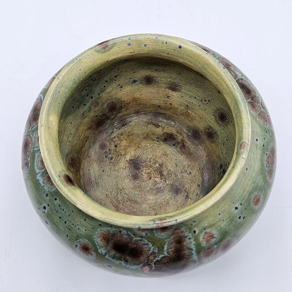 VTG Studio Pottery Crystalline Glaze Small Vase Pot Green Blue Brown Signed